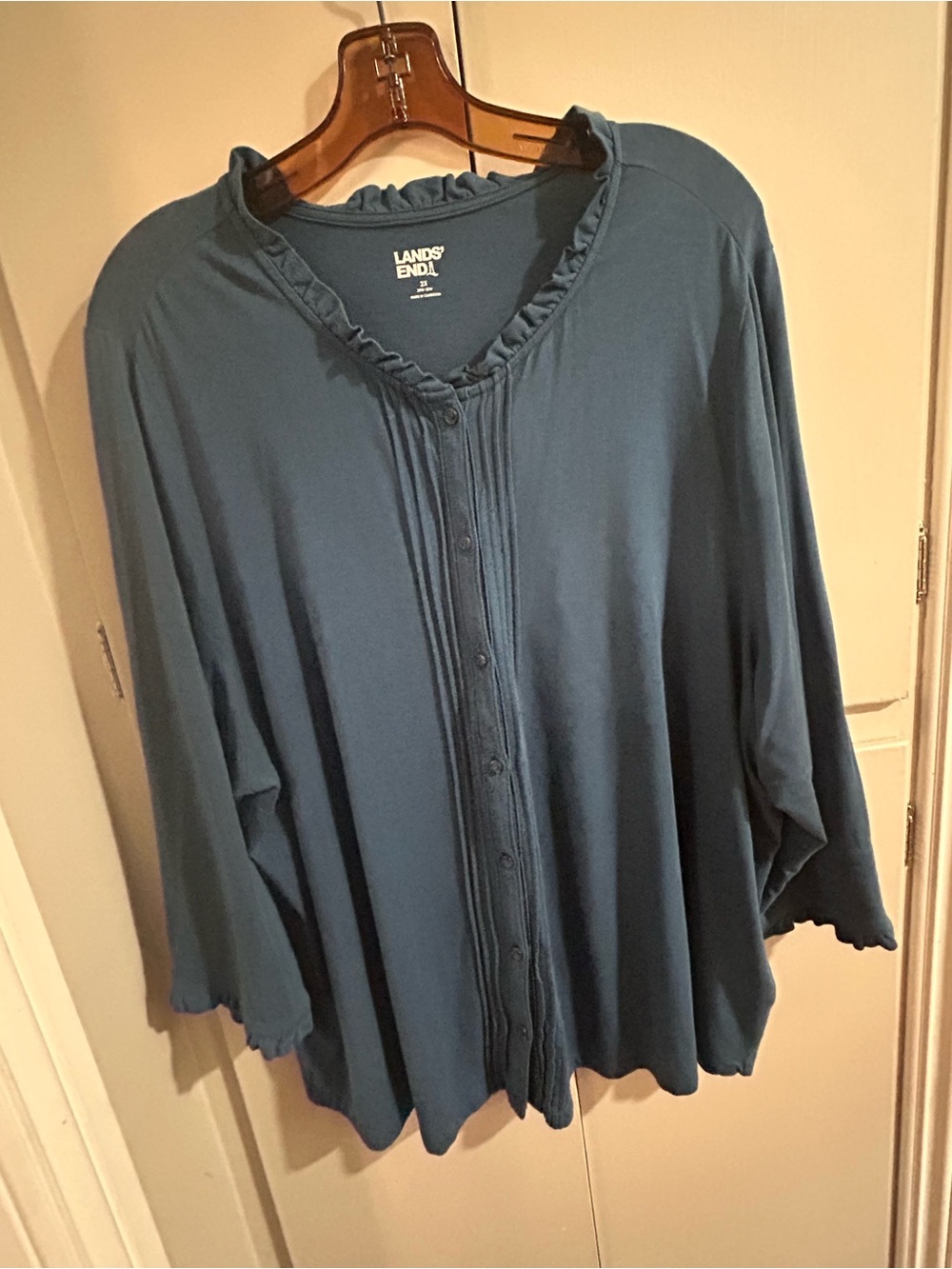 Lands' End Women's Teal Button-Front Ruffle Collar Blouse